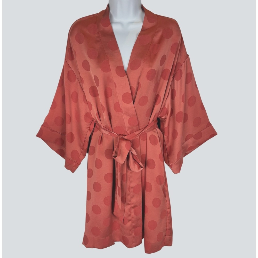 Soma Intimates Satin Jacquard Short Robe Terra Cotta Polka Dot Belted Kimono S/M